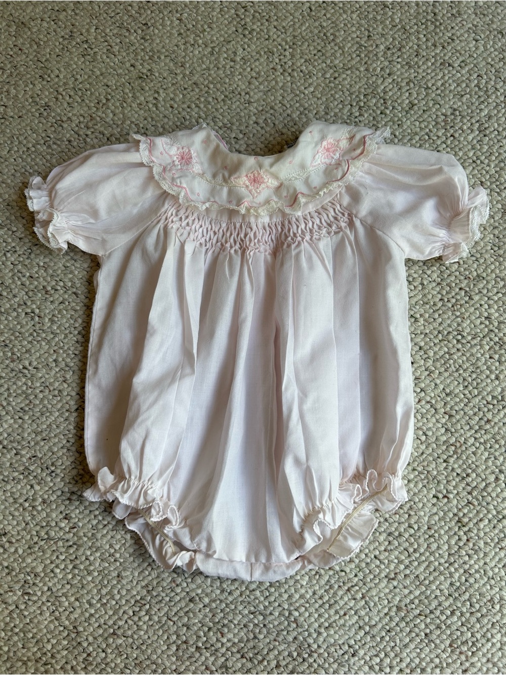 Vintage Carriage Boutique Light Pink Smocked Baby Romper with Embroidered Collar
